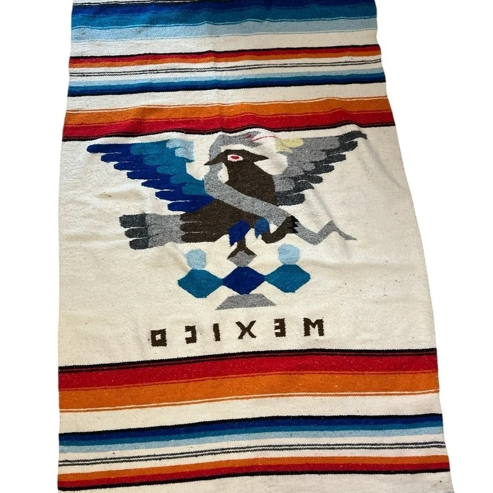Vintage Hand Woven Mexican Aztec Snake Eagle Bird Blanket Rug Fringe 70”x40”